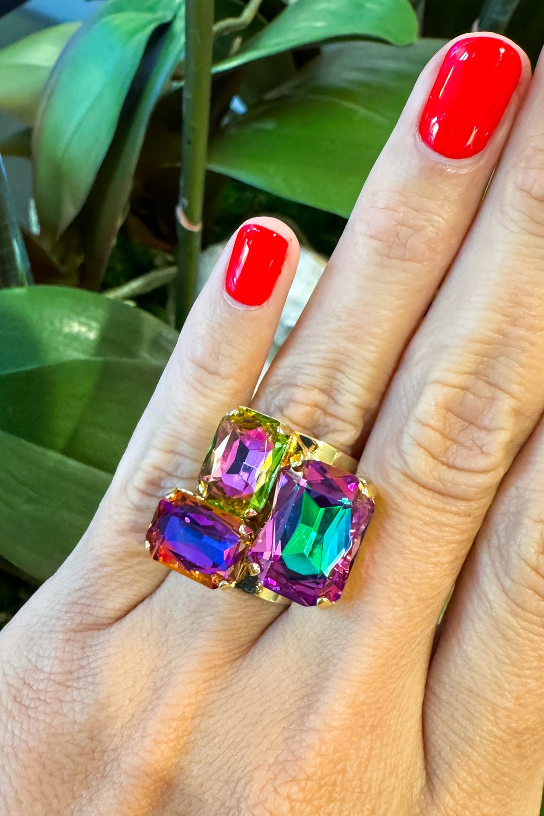 WAFA Crystal 3 Stones Ring - Purple Green Mix