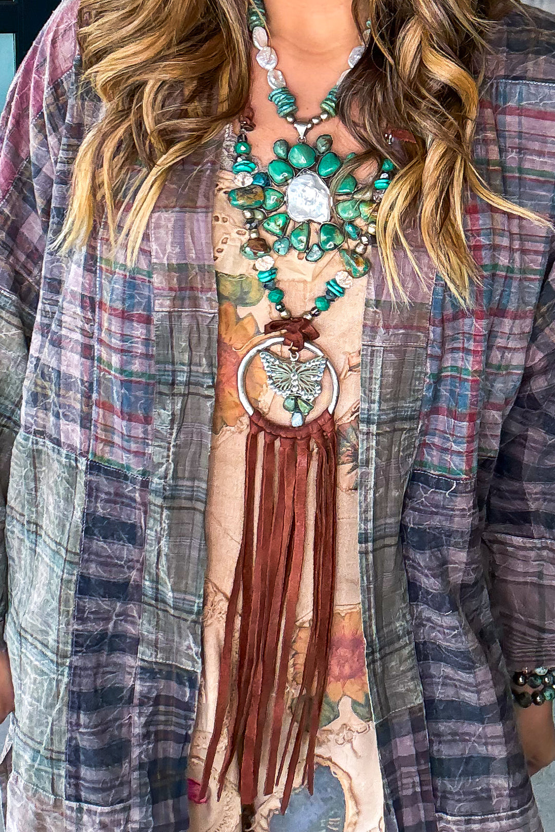 Real Turquoise Pebble with Suede Silver Plated Necklace