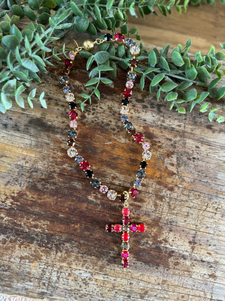 WAFA Austrian Crystal Cross Necklace - Red Mix