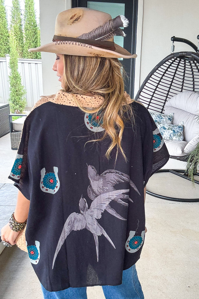 Go Rodeo Front Horseshoe Back Oversized Top Linen Feel - 100% Cotton