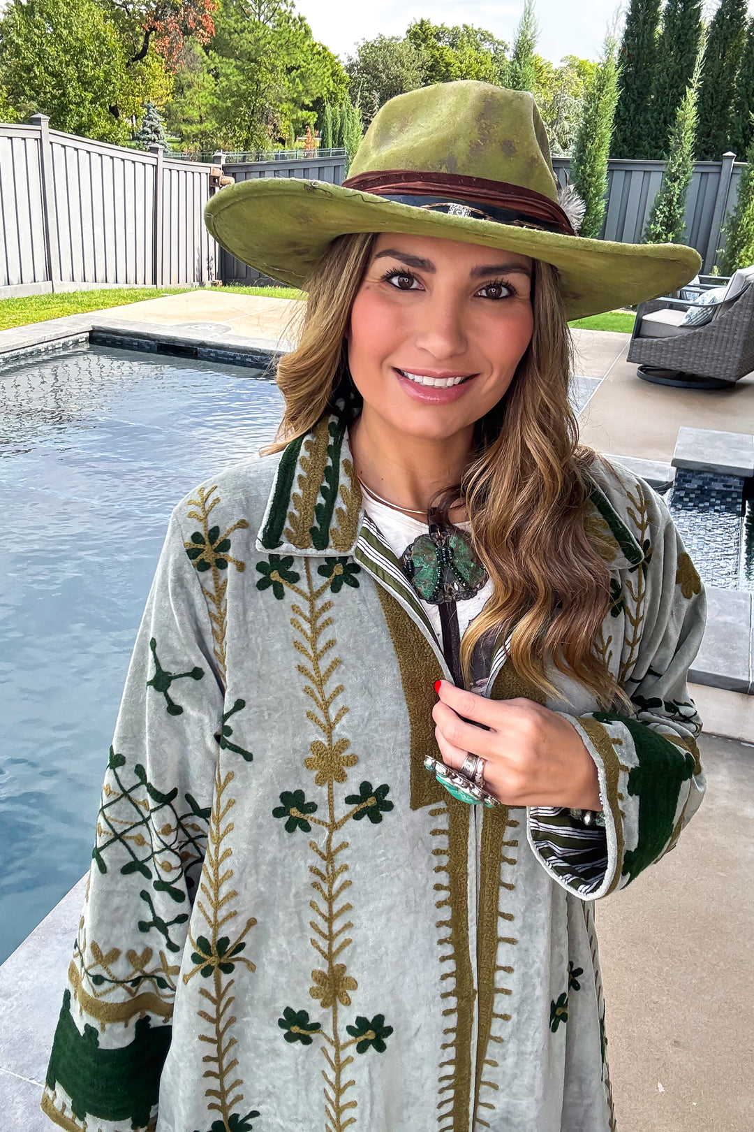 Velvet Green Embroidered Jacket - 100% Cotton