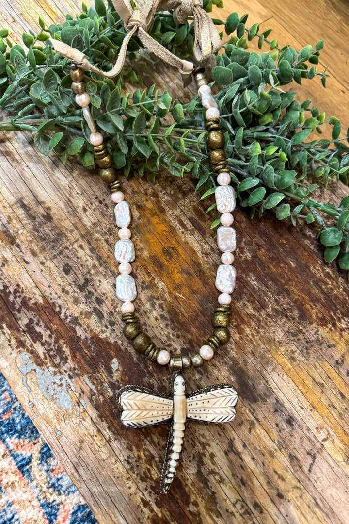 Carved Bone Dragonfly Freshwater Pearl Necklace