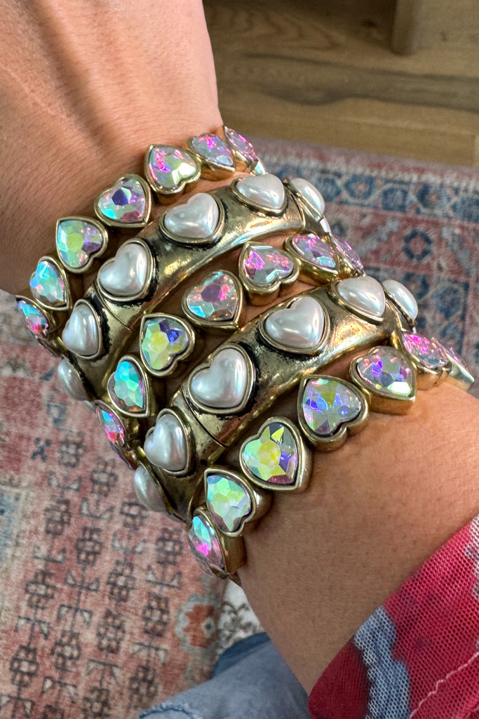 Gold Tone Pearl Heart Stretch Bracelet (EACH SOLD SEPARATELY)