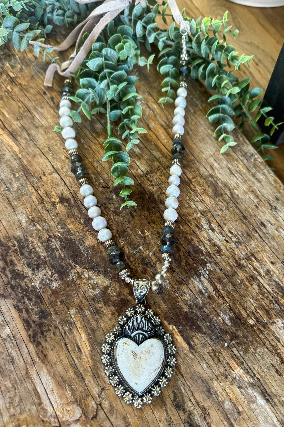 Bone Heart Necklace with Freshwater Pearls &amp; Silver-Plated