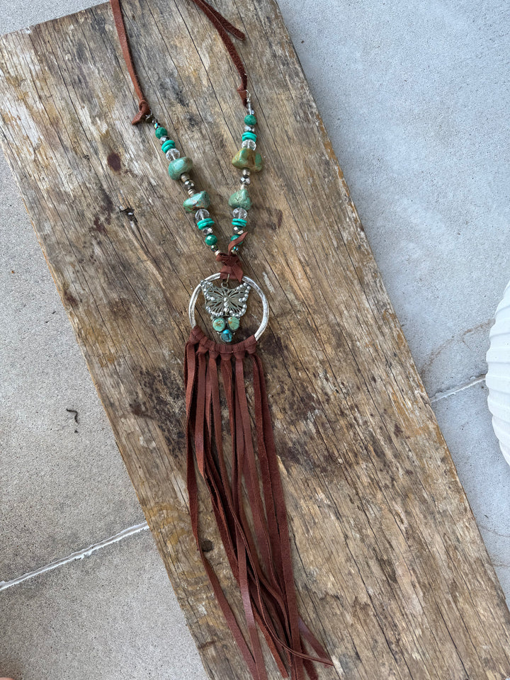 Real Turquoise Pebble with Suede Silver Plated Necklace