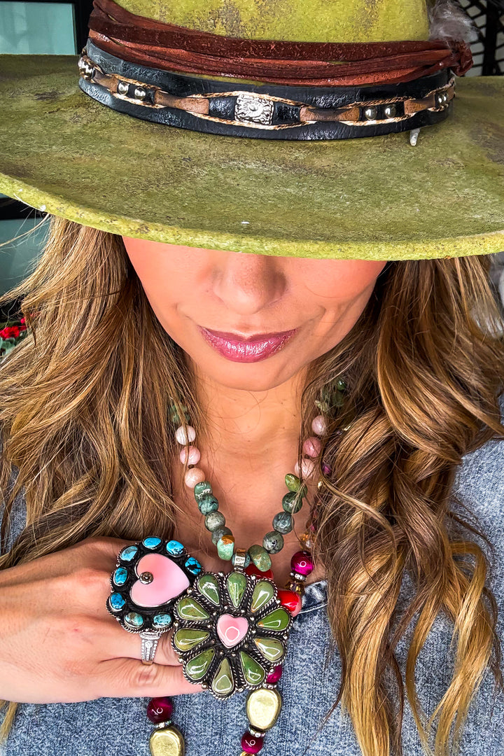 One of a Kind Genuine Green Turquoise &amp; Pink Opal Heart Necklace
