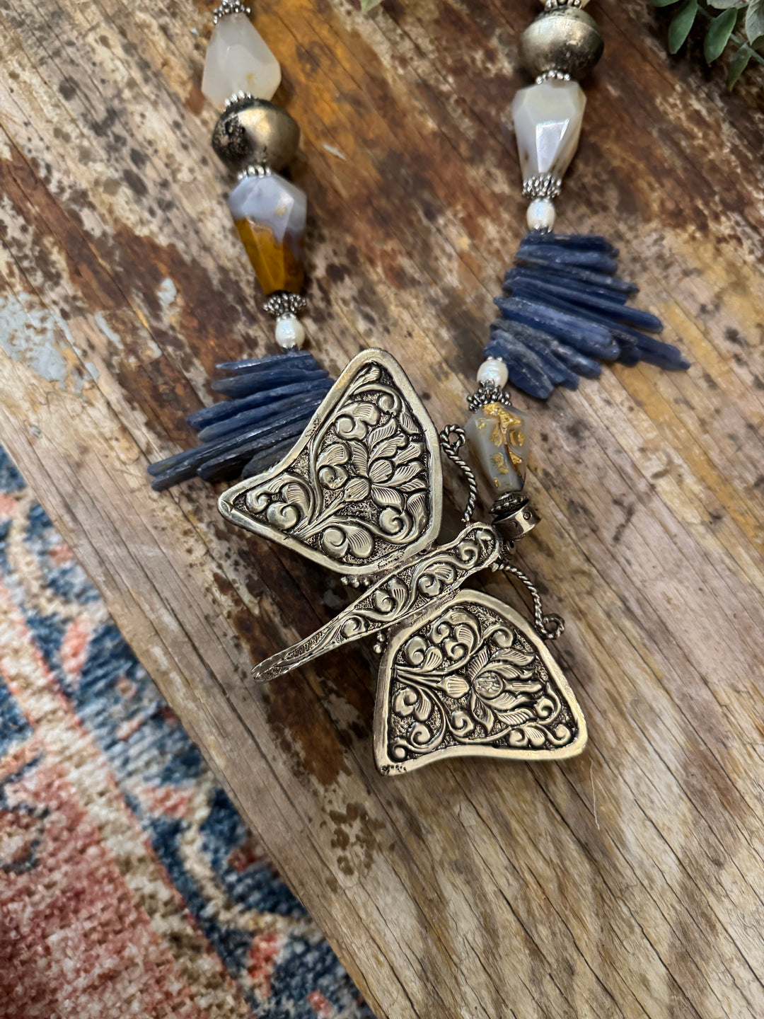 Lapis Lazuli Kyanite and Agate Butterfly Necklace