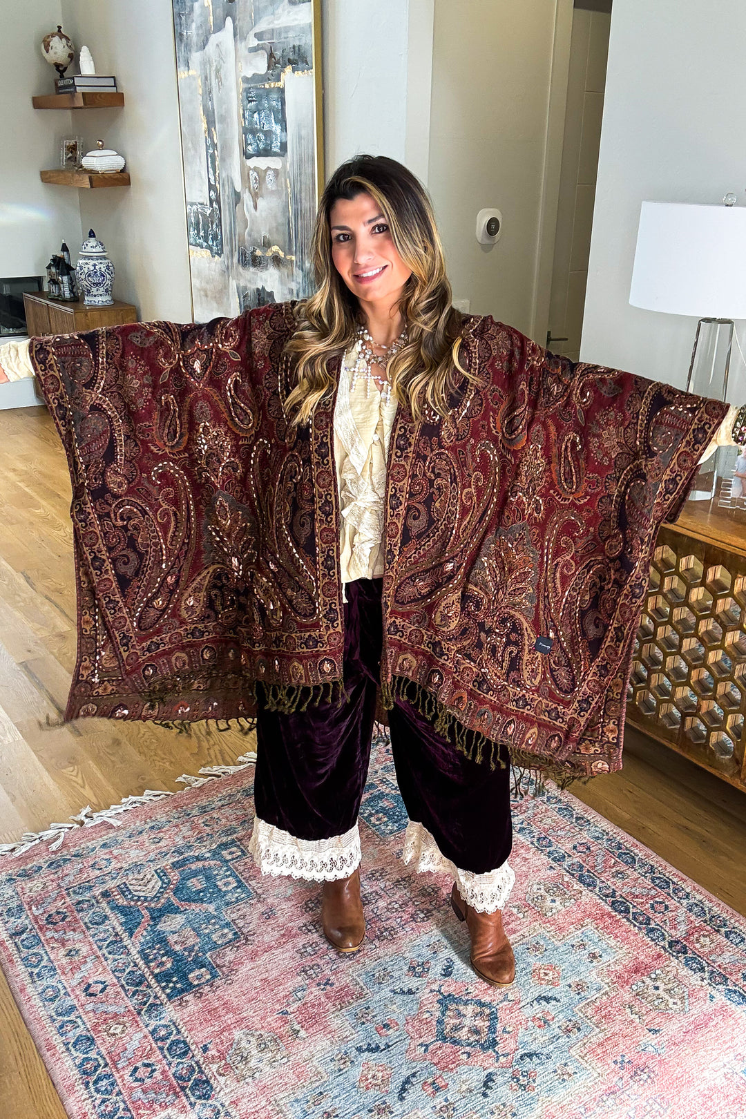 NATURAL FABRIC: Love Woven Deeply Wool Ruana - 19Wine - 100% Wool