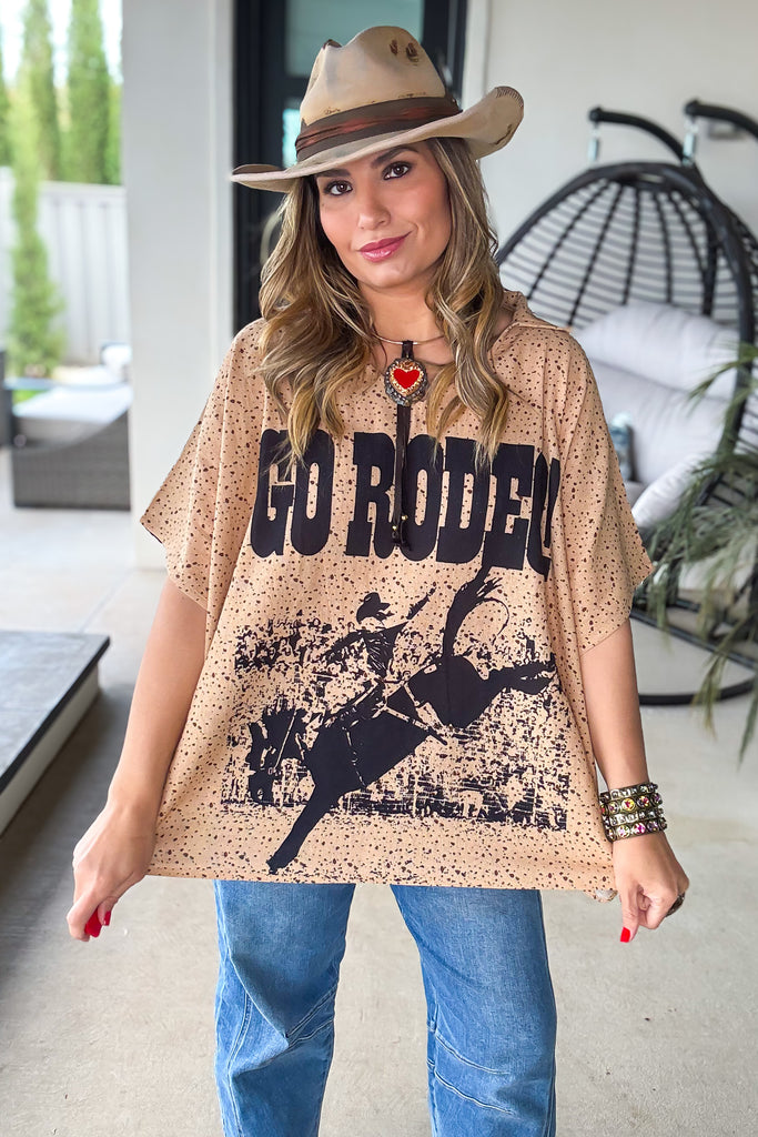 Go Rodeo Front Horseshoe Back Oversized Top Linen Feel - 100% Cotton