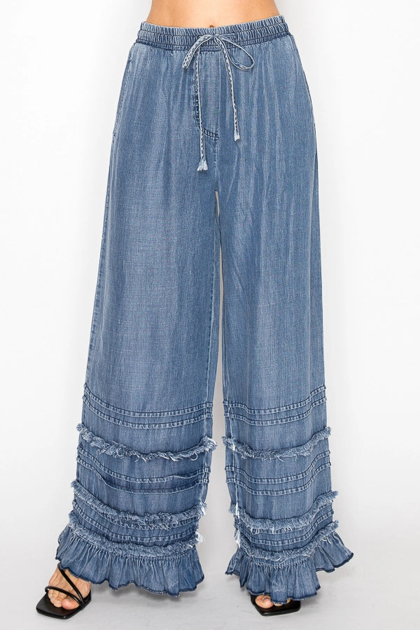 Boho Tiered Chambray Wide Leg Palazzo Pants- Denim