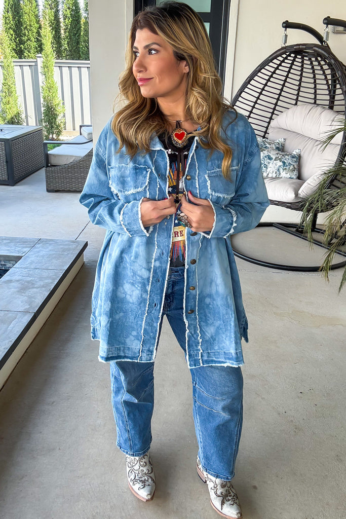 We the People Oversized Denim Shirt - Rhinestones - 100% Cotton