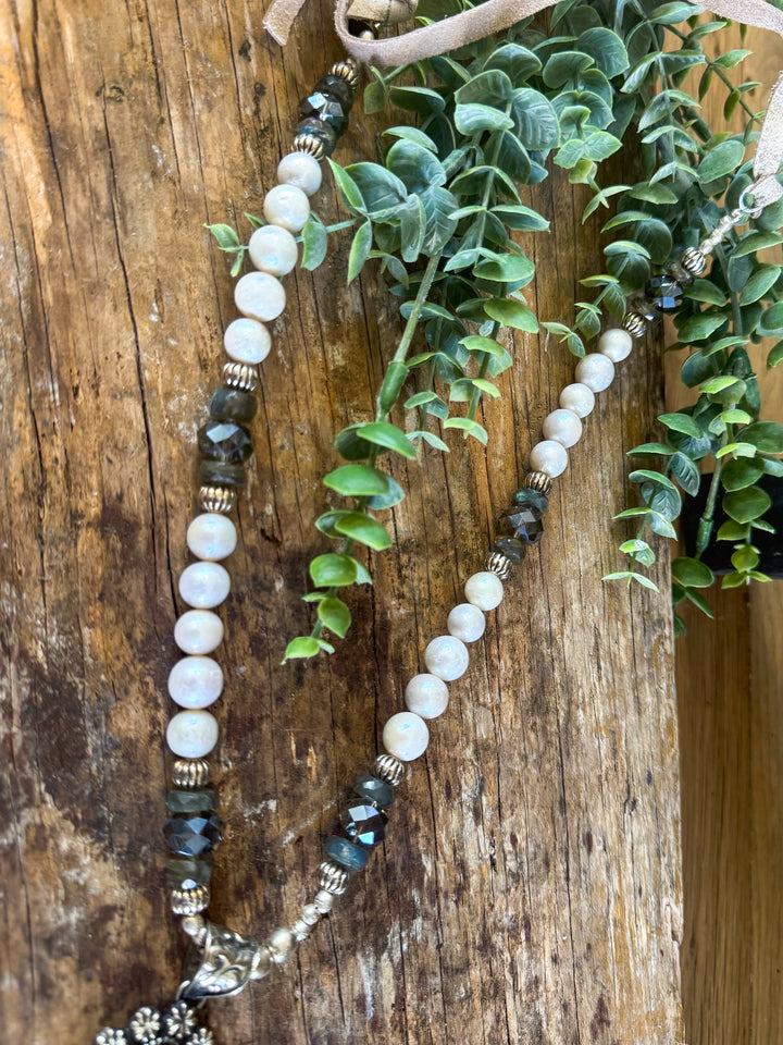 Bone Heart Necklace with Freshwater Pearls &amp; Silver-Plated