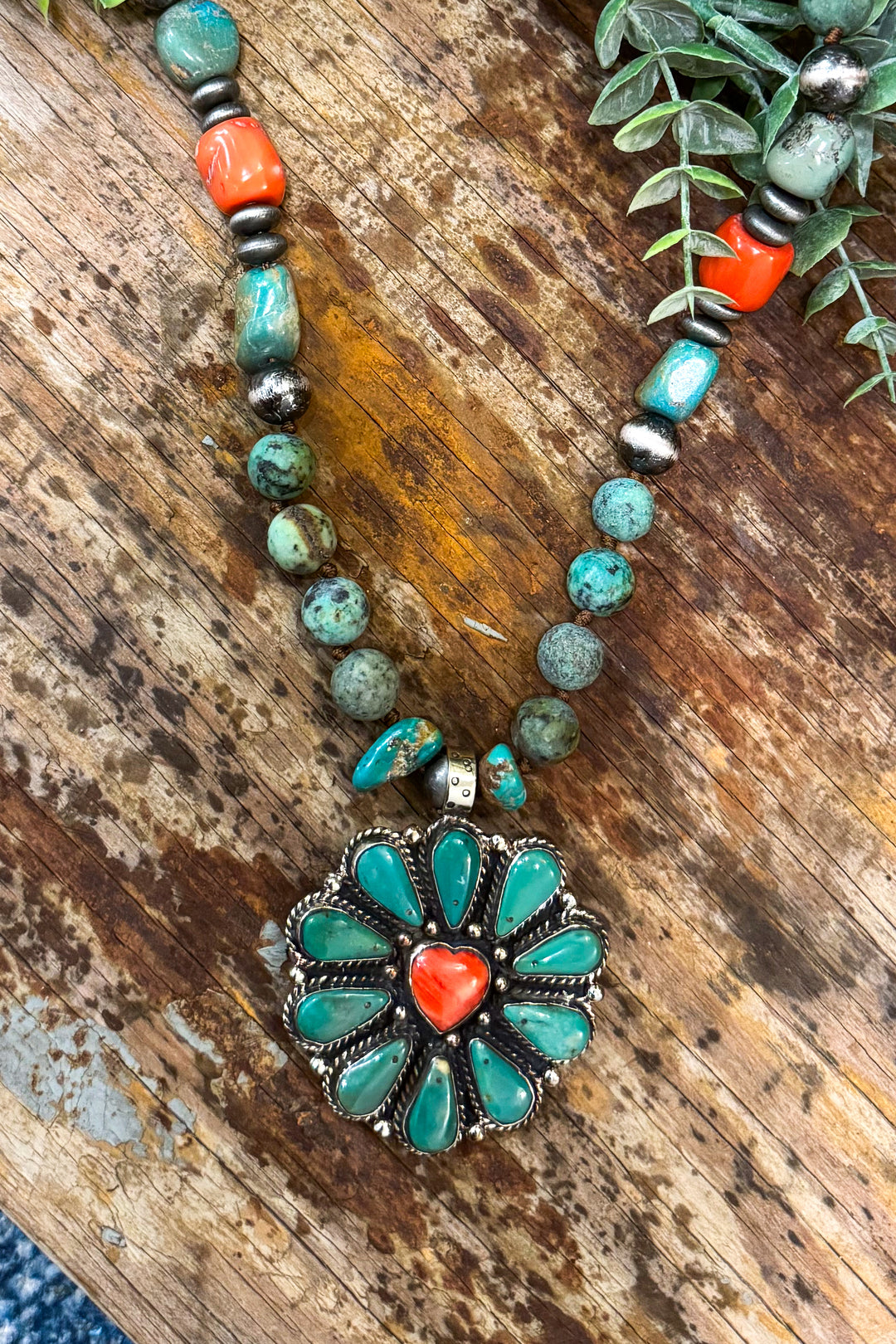 One of a Kind Genuine Green Turquoise &amp; Spiney Oyster Necklace