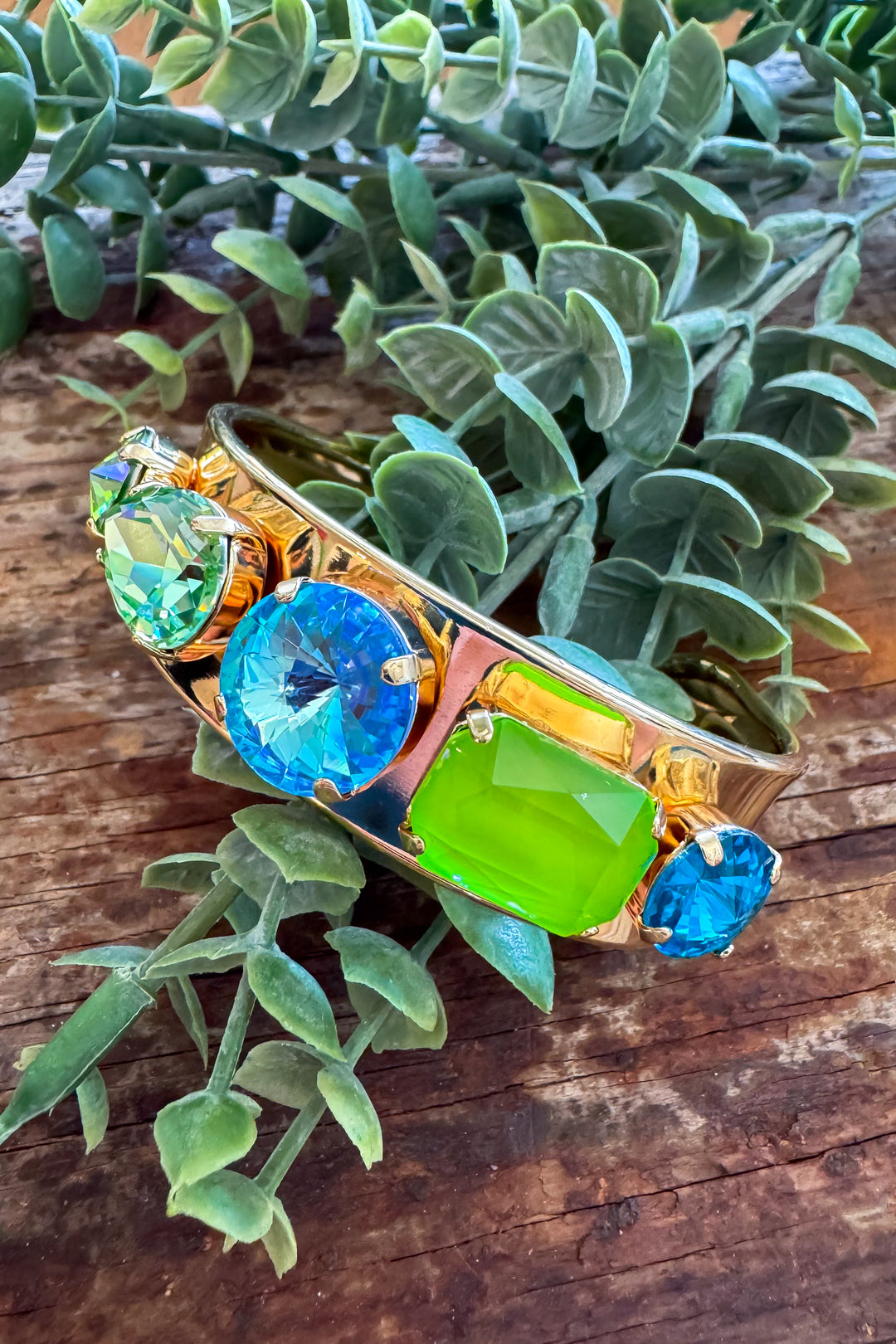 WAFA - Austrian Crystal Gold Plated Bracelet Mid Cuff - Green/Blue Mix