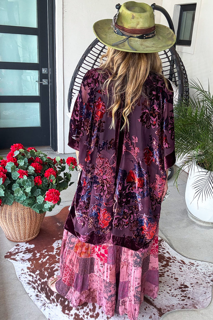 True Burnout Velvet Masterpiece Kimono - Burgundy