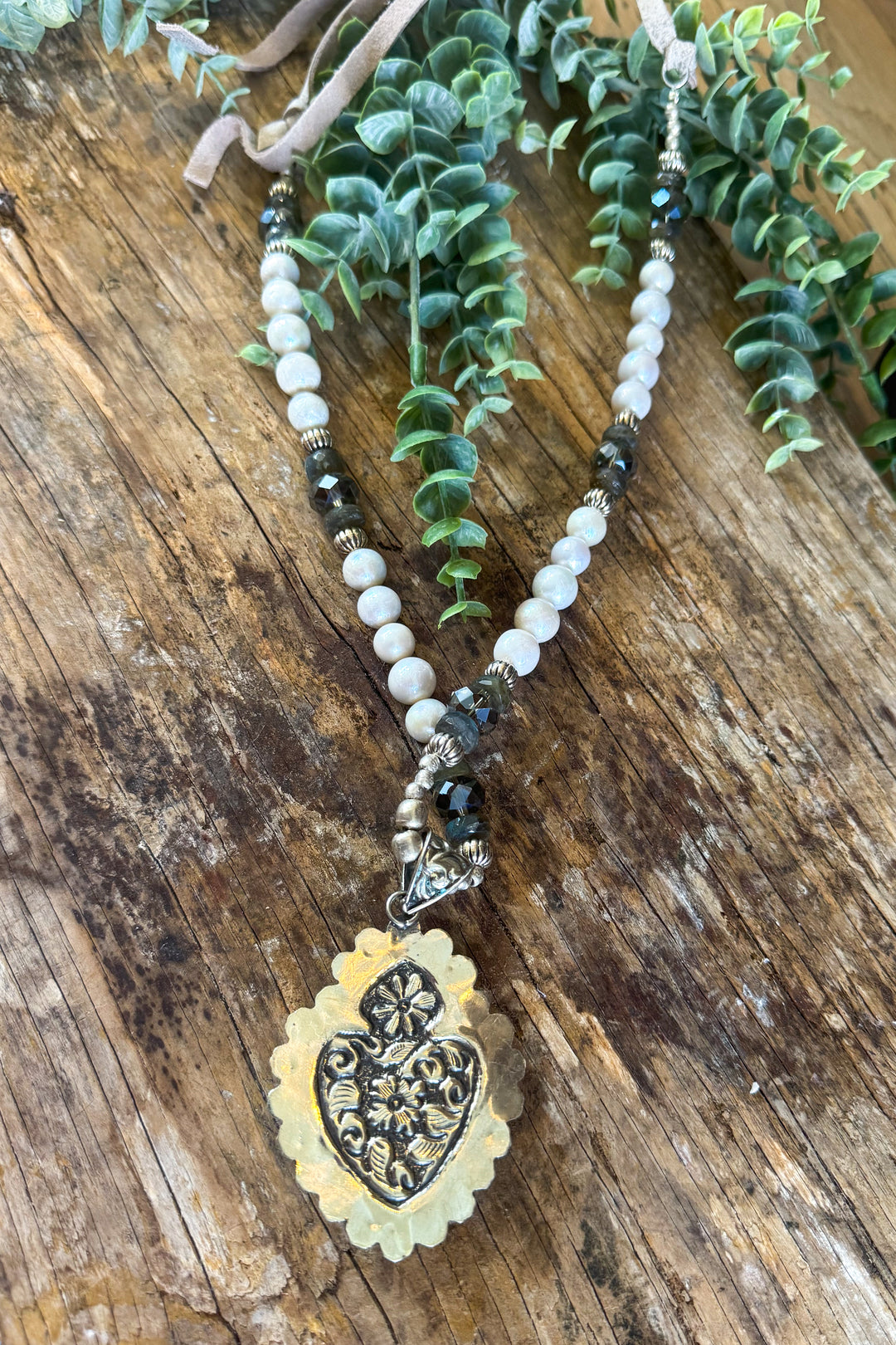 Bone Heart Necklace with Freshwater Pearls &amp; Silver-Plated