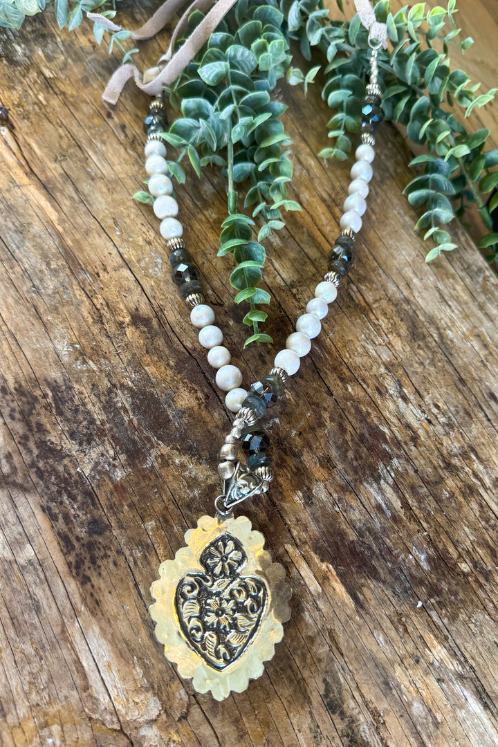 Bone Heart Necklace with Freshwater Pearls &amp; Silver-Plated