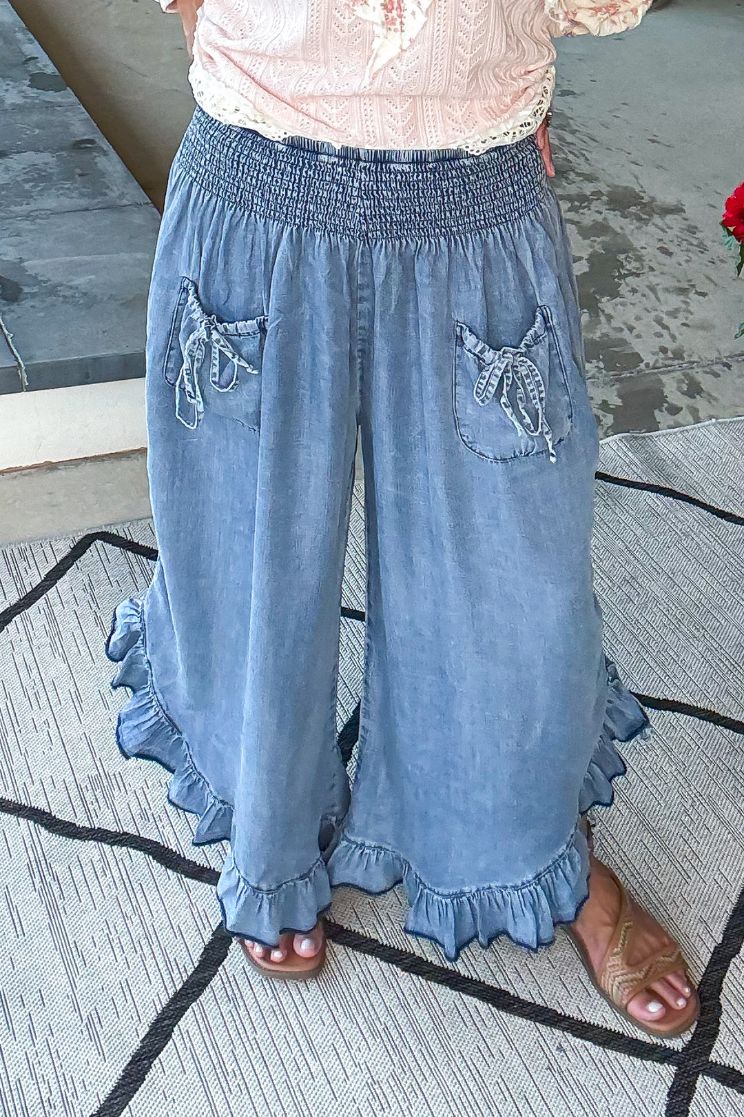 Smocked Ruffle Hem Side Tie Chambray Pants - Denim