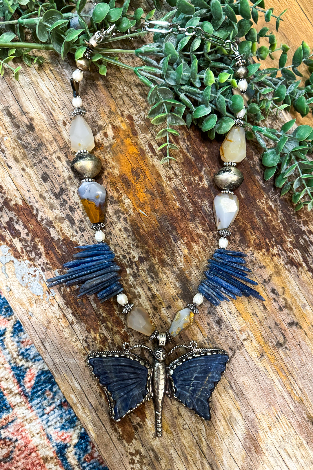 Lapis Lazuli Kyanite and Agate Butterfly Necklace