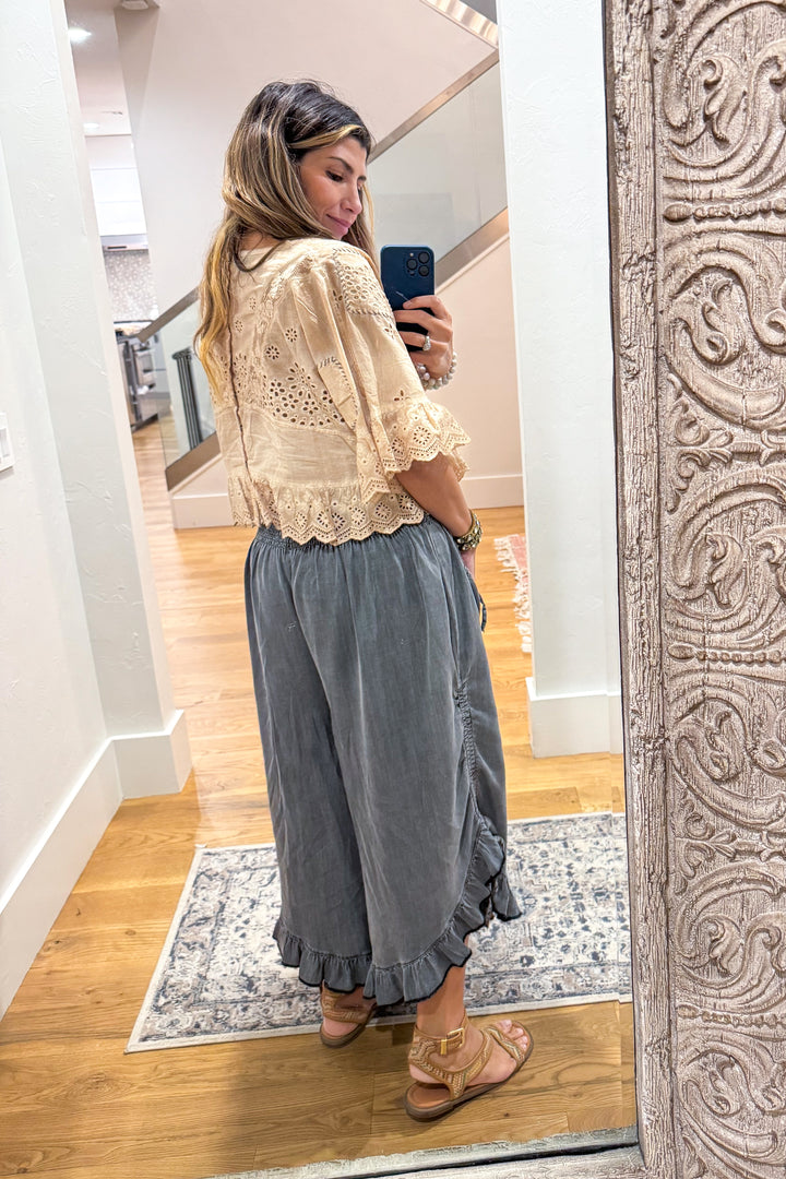Smocked Ruffle Hem Side Tie Chambray Pants - Black Denim