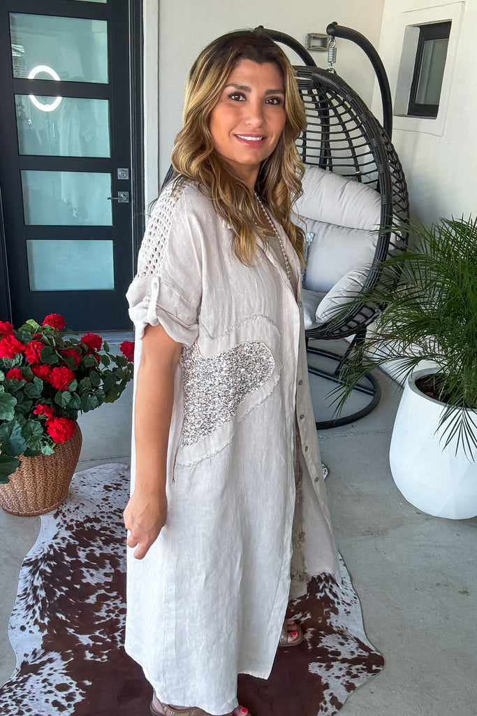 Sparked Affection Sequin Duster - 100% Linen - Taupe - Made in Italy
