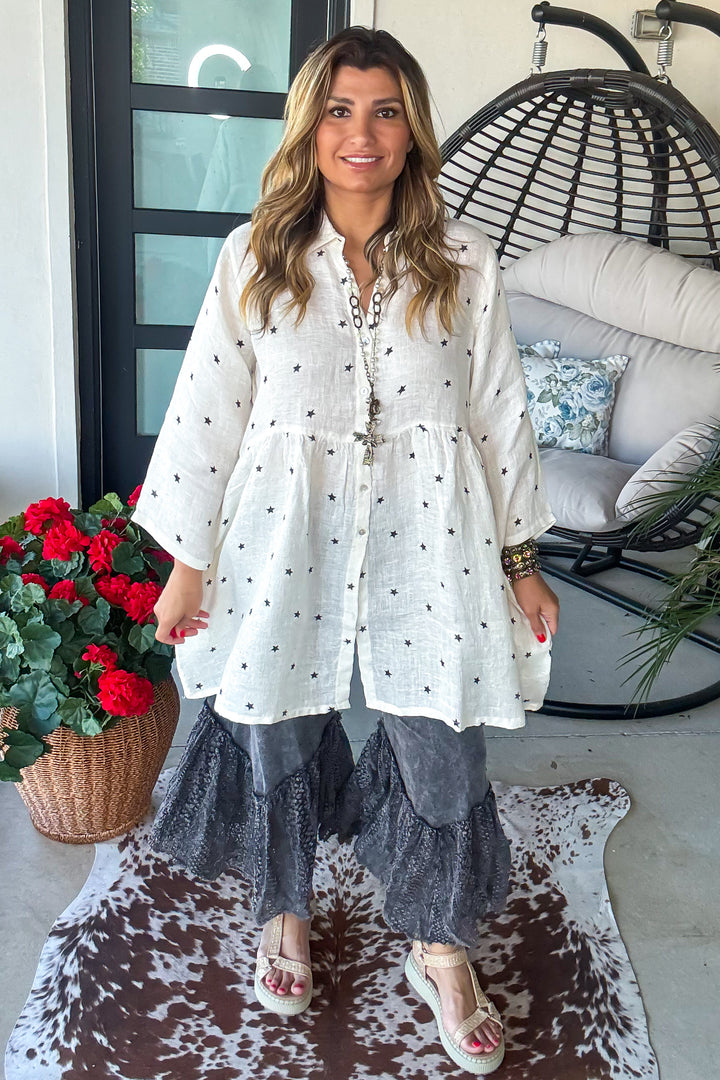 Constellation Cottage Linen Dress - 100% Linen - Cream