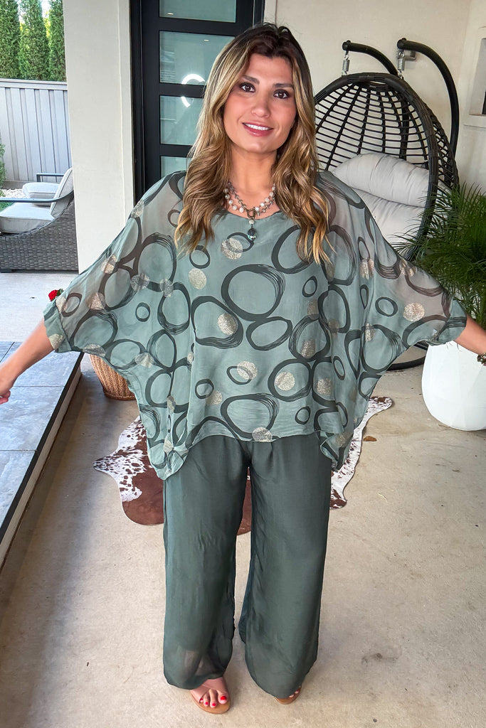 Medallion Drape Silk Top - Olive - Made in Italy