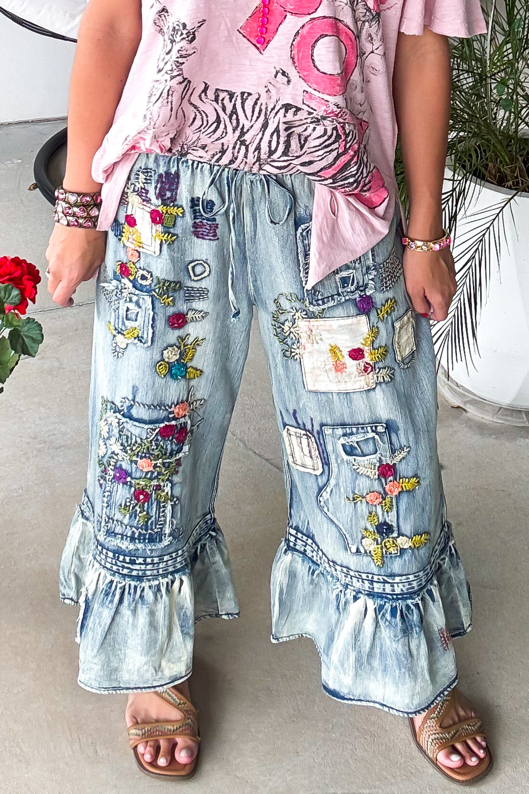 Embroidered Romance Pants - Denim