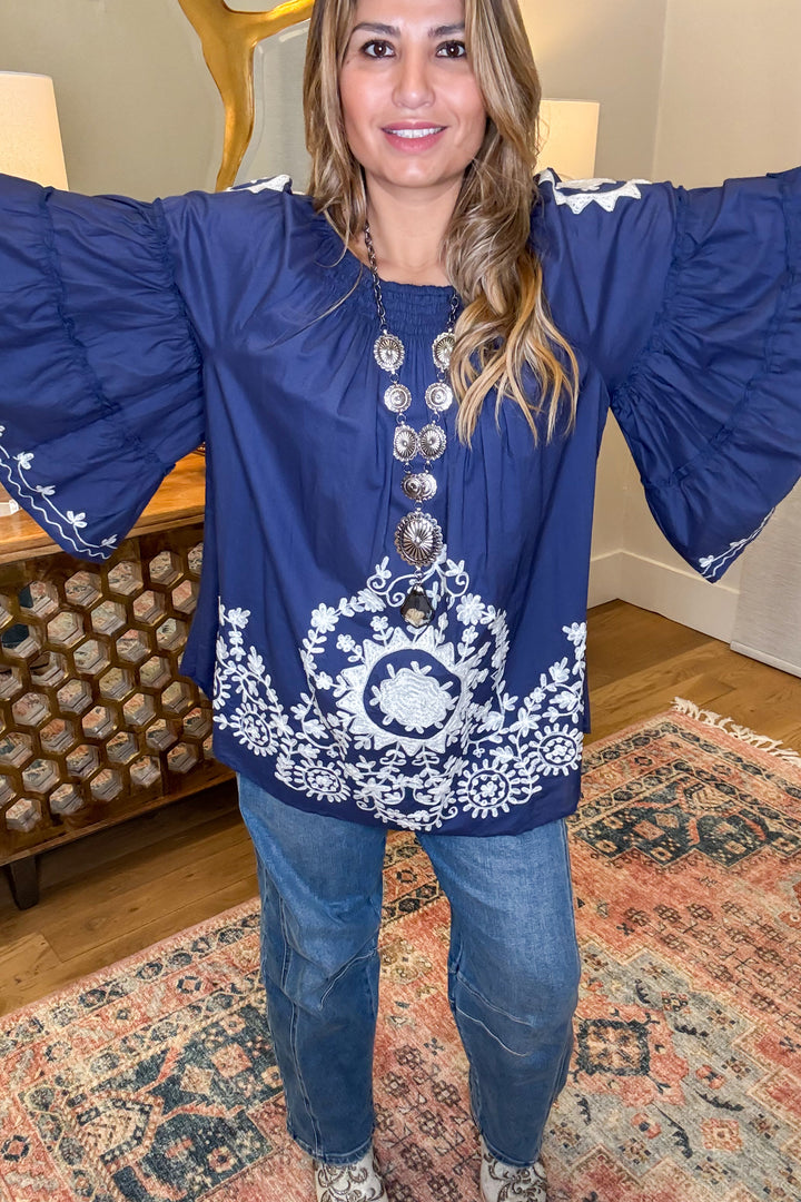 Bound By Love  Embroidered Top - Blue