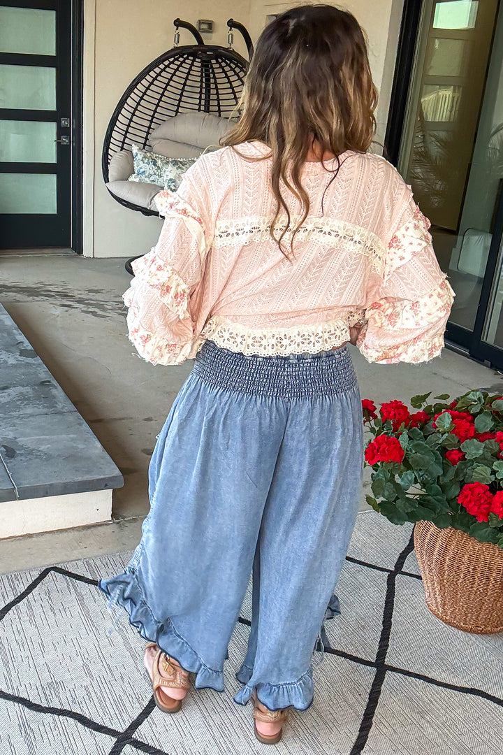 Smocked Ruffle Hem Side Tie Chambray Pants - Denim