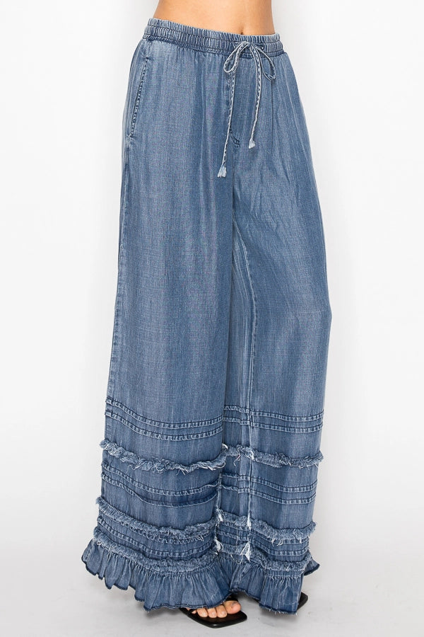 Boho Tiered Chambray Wide Leg Palazzo Pants- Denim