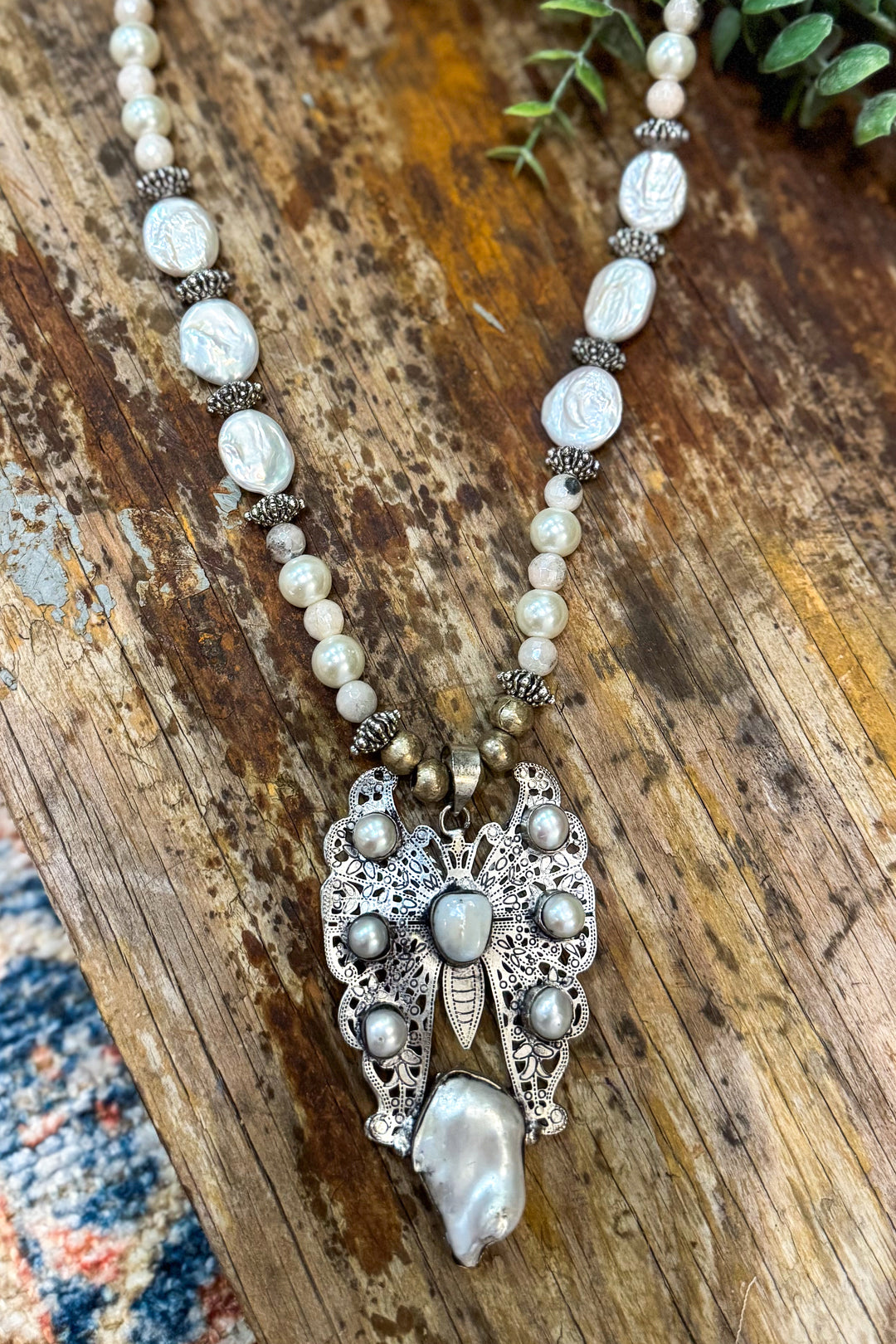Silver Butterfly Baroque Pearl and Freshwater Pearl and Coin Necklace