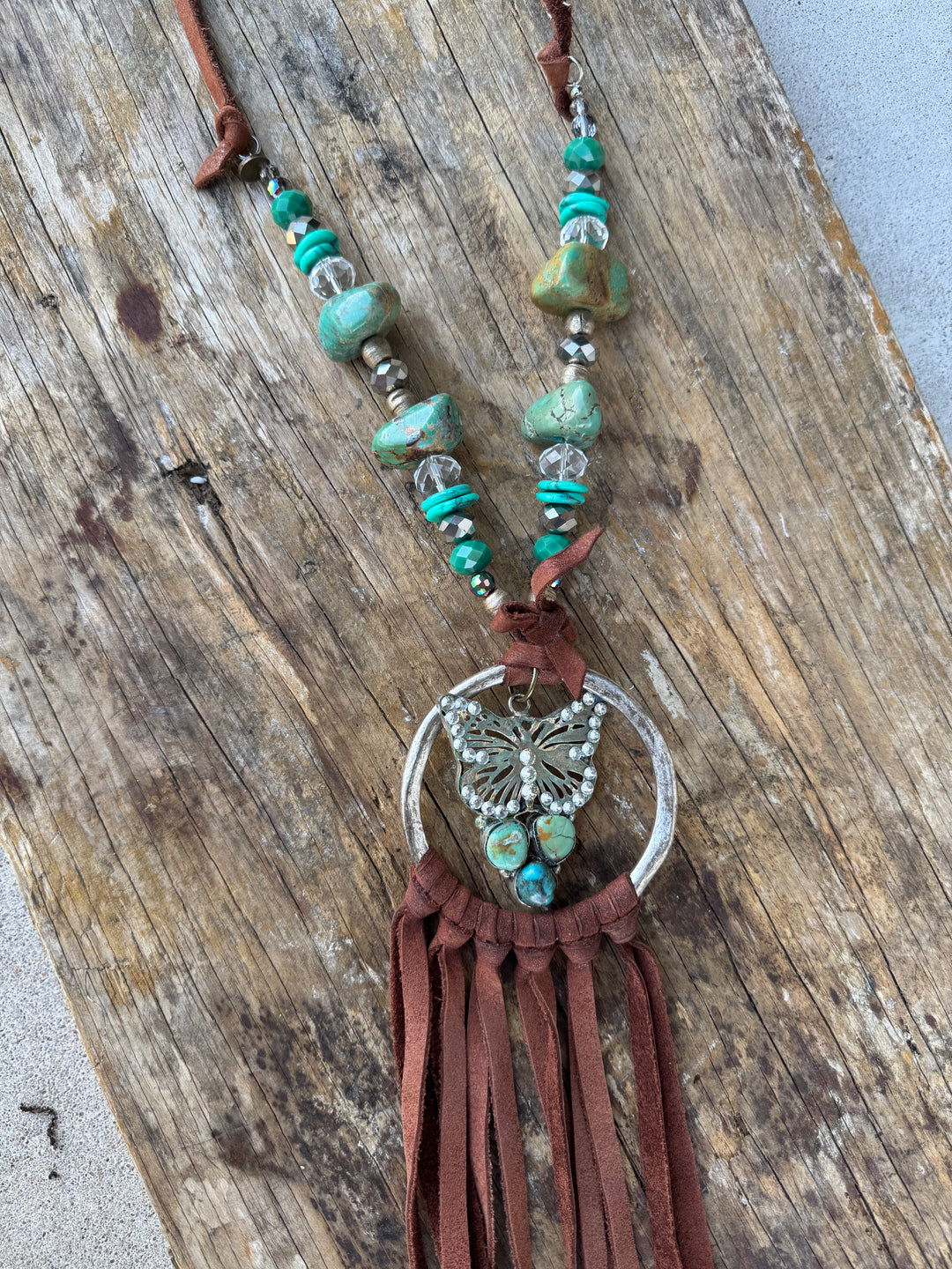 Real Turquoise Pebble with Suede Silver Plated Necklace