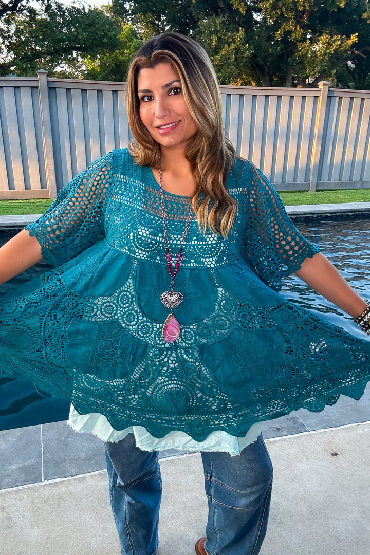 AHB EXCLUSIVE: Delightful Details Cotton Top - Teal - 100% COTTON