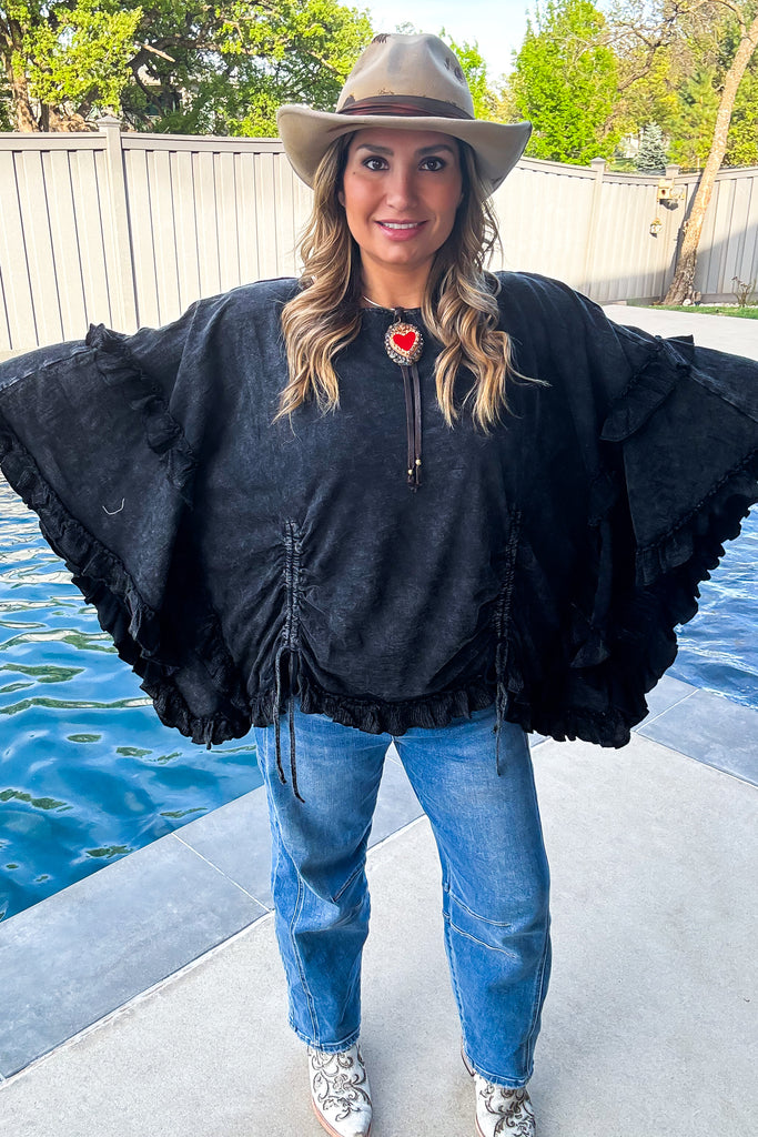 Midnight Ruffles Cinch Top - 100% Cotton  - Black