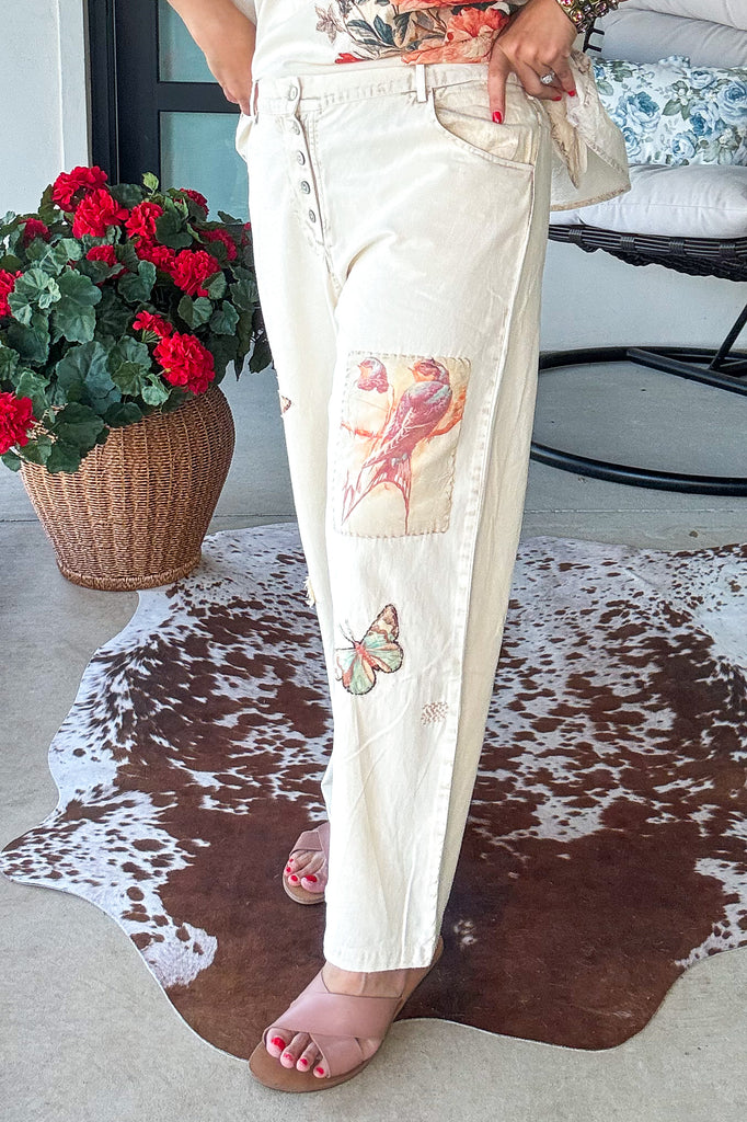 Garden Story Patch Elastic Waist Jeans - 100% Cotton - Cream