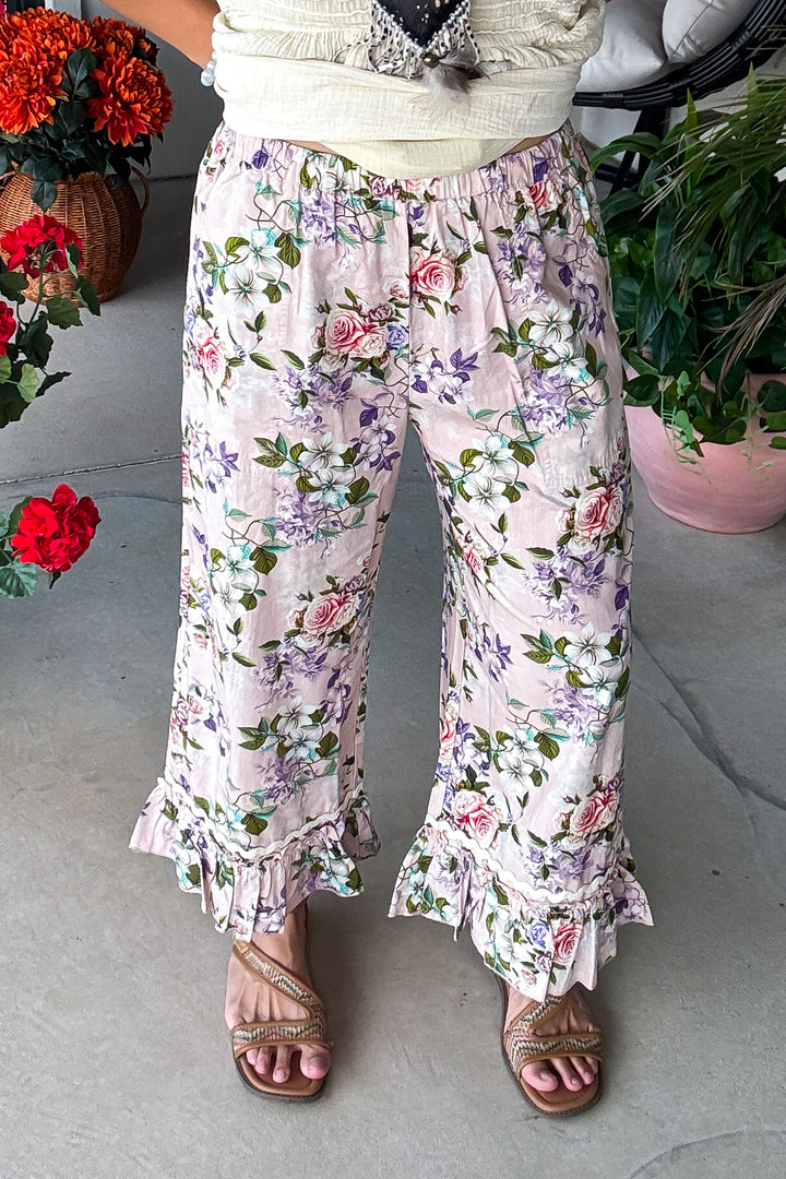 Floral Symphony Capris - 100% Cotton - Pale Rose