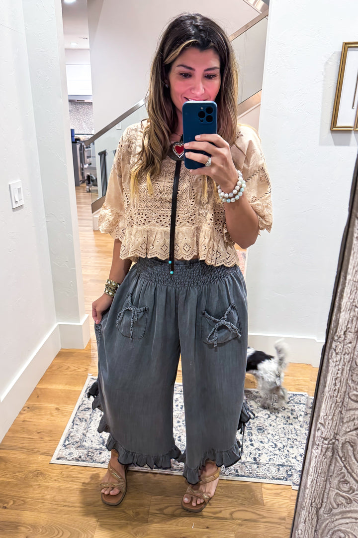 Smocked Ruffle Hem Side Tie Chambray Pants - Black Denim