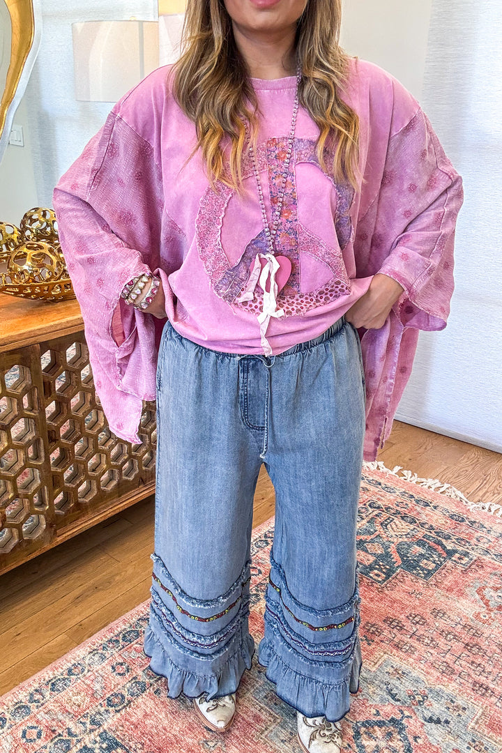 PRE ORDER: Frayed And Ruffled Denim Capris - Washed Denim