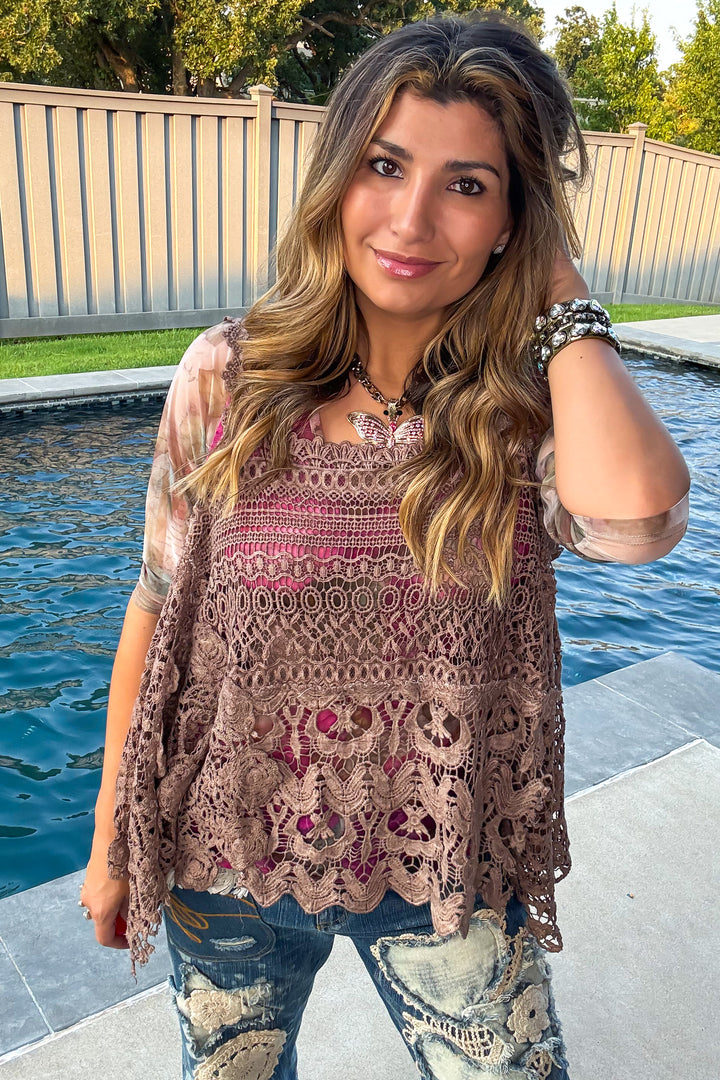 Whispering Details Lace Tank - 100% Cotton - Made in USA - Hazelnut