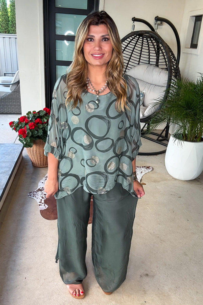 Medallion Drape Silk Top - Olive - Made in Italy