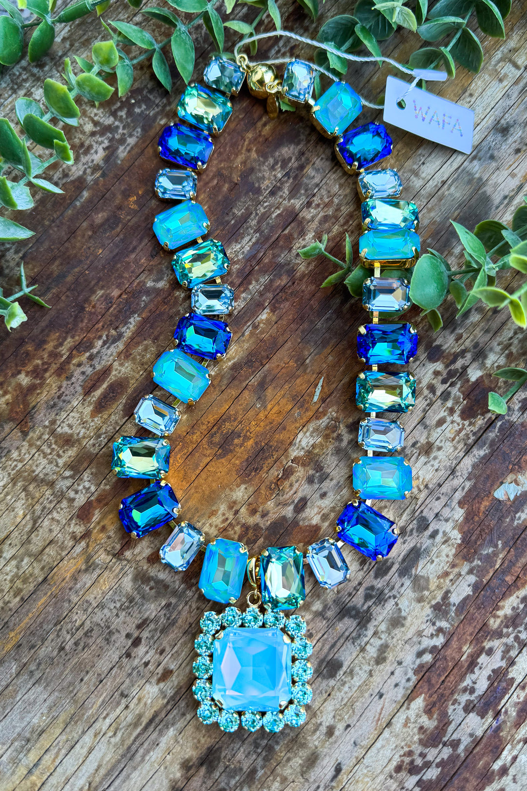 WAFA Austrian Crystals Necklace - Square Pendant - Blue Mix