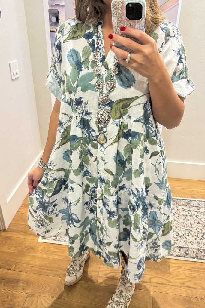 Coastal Floral Linen Dress - Made In Italy - 100% Linen