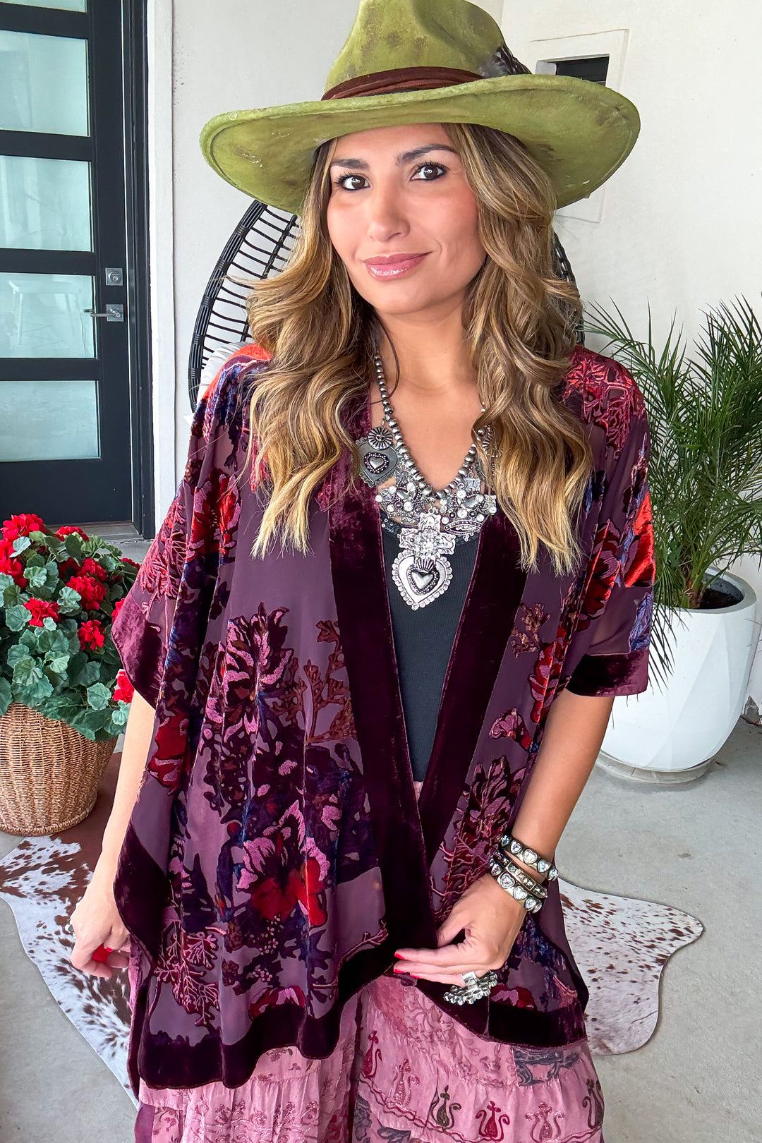 True Burnout Velvet Masterpiece Kimono - Burgundy