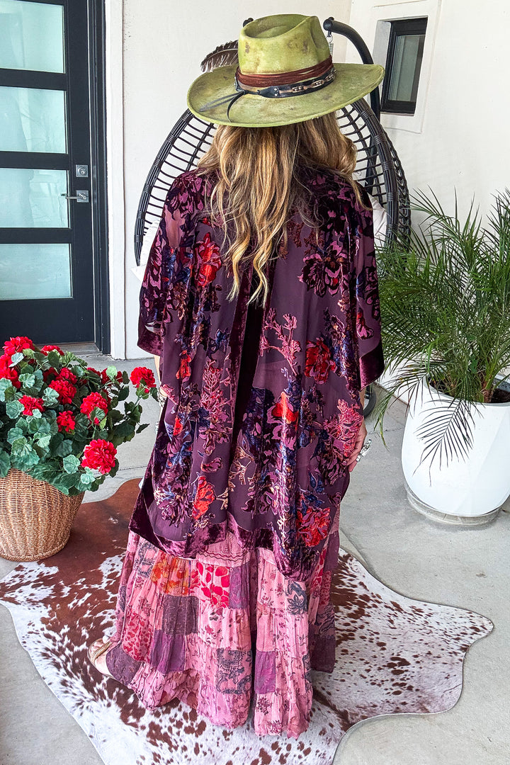 True Burnout Velvet Masterpiece Kimono - Burgundy