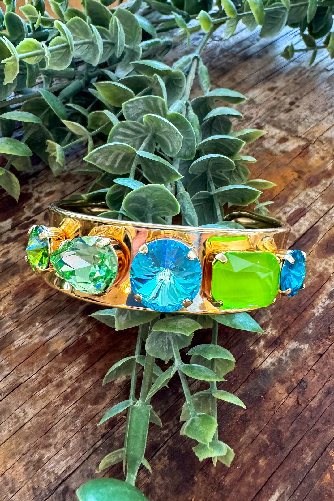 WAFA - Austrian Crystal Gold Plated Bracelet Mid Cuff - Green/Blue Mix