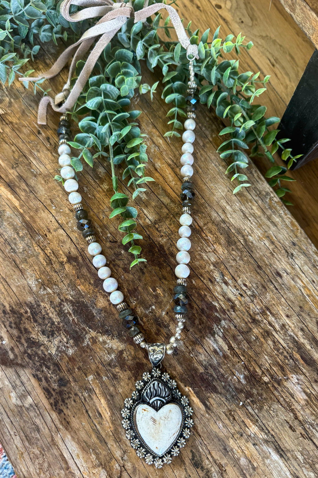 Bone Heart Necklace with Freshwater Pearls &amp; Silver-Plated