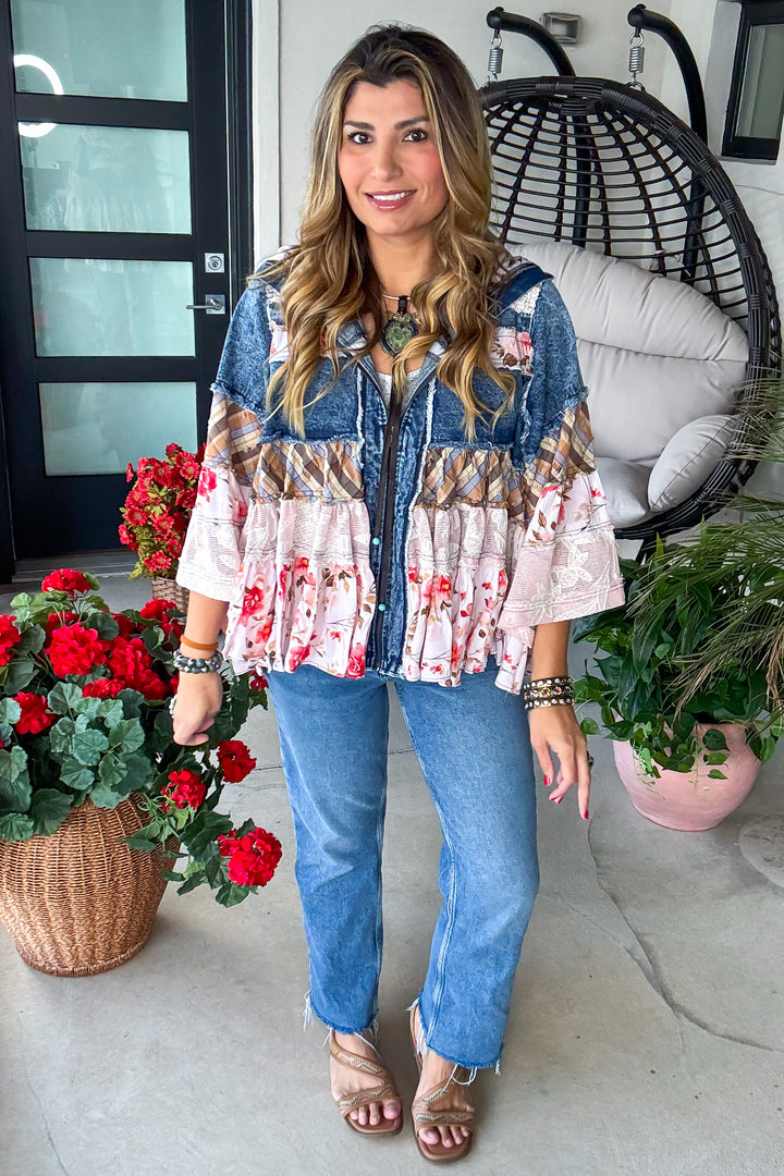 Laced In Denim Hooded Jacket - 100% Cotton - Denim Floral