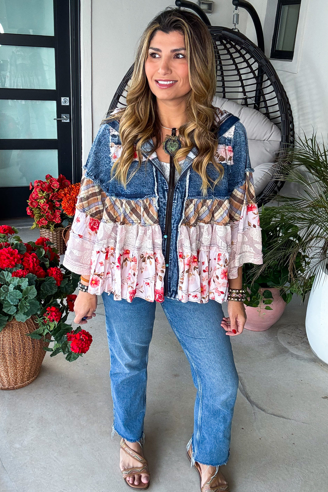 Laced In Denim Hooded Jacket - 100% Cotton - Denim Floral