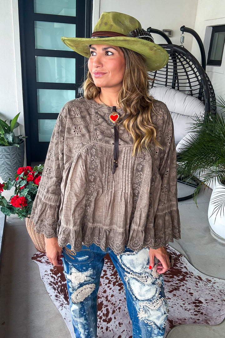 Southern Elegance Blouse - 100% Cotton - Mushroom